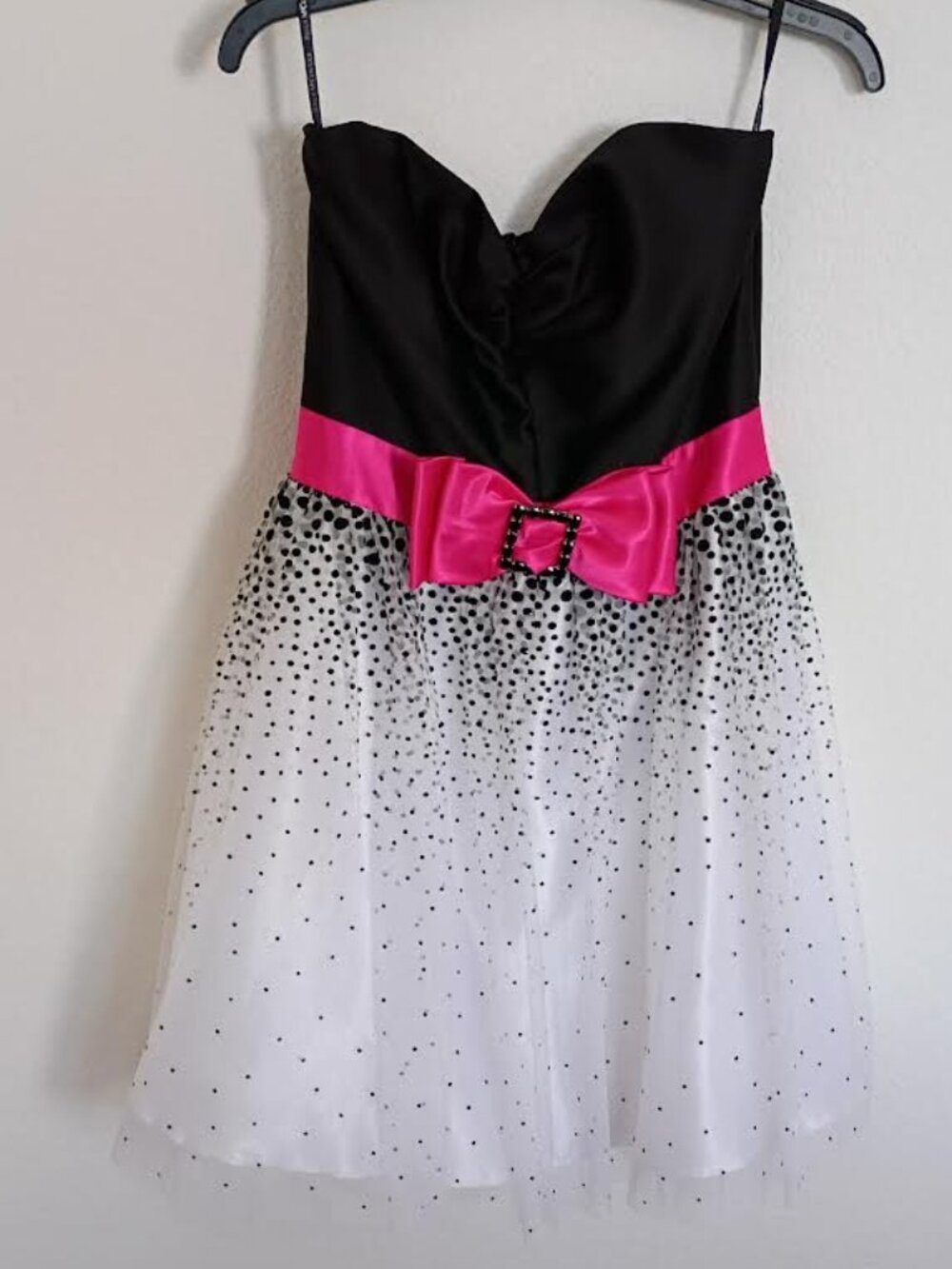 JESSICA MCCLINTOCK FOR GUNNE SAX STRAPLESS DRESS BLACK POLKA DOT PINK BOW SIZE 9